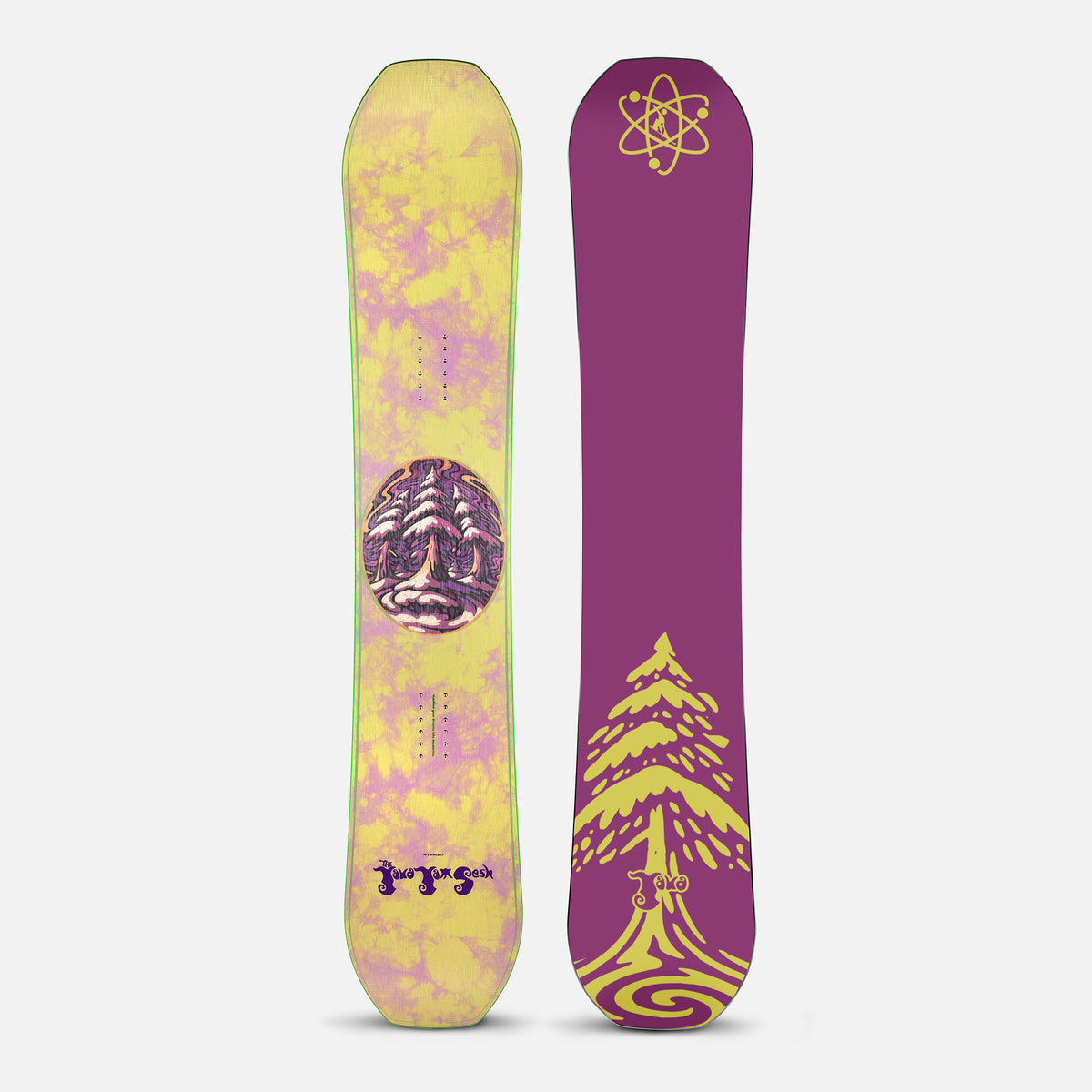 A java snowboard shown from both sides against a light gray background. The top side is yellow with a purple tie-dye pattern, a purple circular graphic, and a small java jam sesh logo in purple near the bottom.